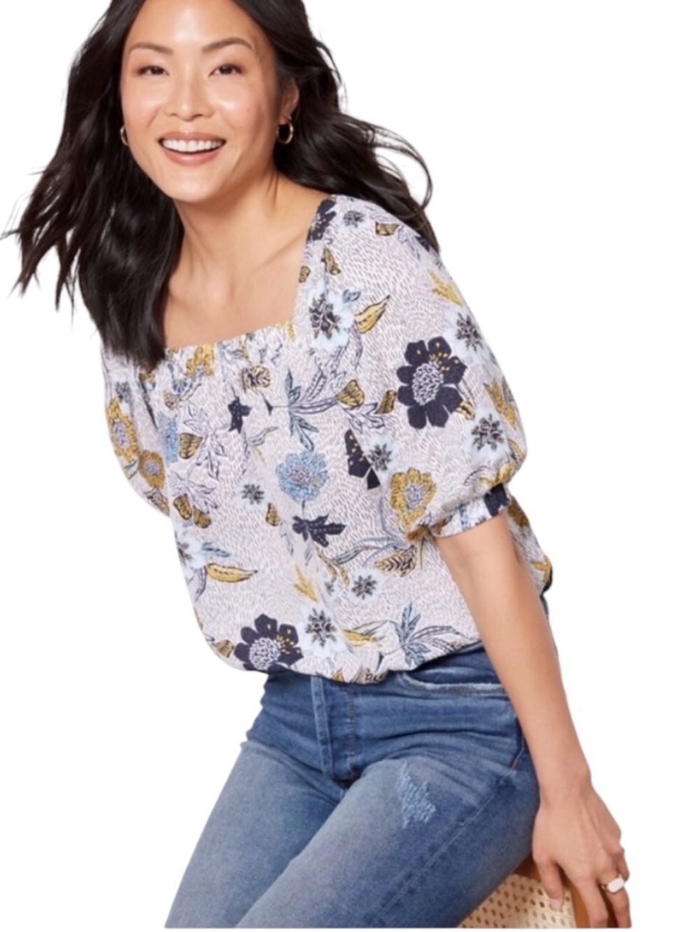 Evereve Adina Square Neck Floral Print Blouse White Blue Navy Yellow Sz XL
